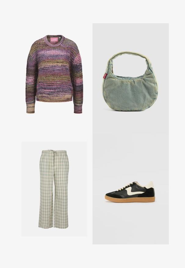 Kootud sviiter, millel on ümar kaelus, mitmevärvilised triibud roosa, kollase ja rohelise tooni, ning soonikkoes varrukad ja alläär. Puuvilla segumaterjal.; Roheline ja valge ruuduline pidžaama püksid, millel on pehme kangas, elastne vöökoht koos paelaga ja laiad, mugavad sääred.; Must musta ja nahast sneakersid, millel on koorevärvi külgsuund ja hele koorik. Omab beeži paelu ja kummi kummist välistalla.; Hele hall sinine denim kott lühikeste polsterdatud sangadega ja väikese punase Levi'si sildi sildiga, paigutatud ühetoonilise tausta peale.