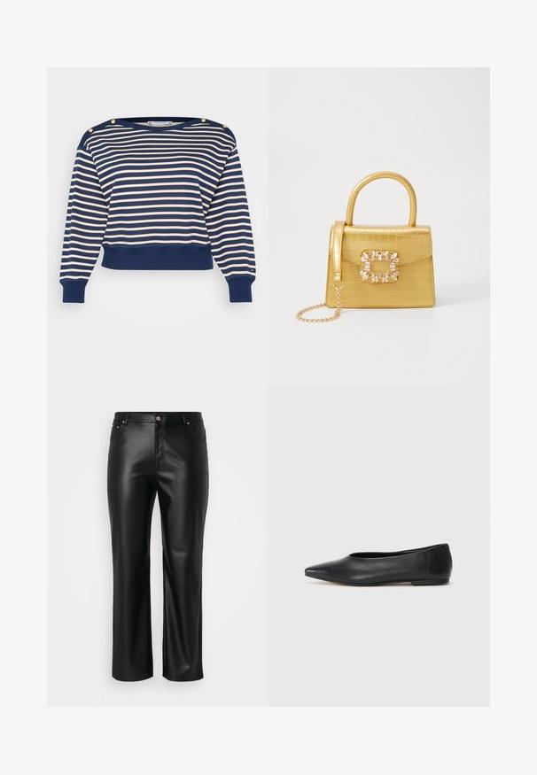 Pamučna kratka dukserica sa prugama u mornarskoj plavoj i krem boji, ukrašena zlatnim dugmadima na ramenima, rebrastim manžetama i donjim rubom. Napravljena od mekanog materijala.; Crne hlače od umjetne kože ravnog kroja, s petljama za pojas, prednjim džepovima i zatvaranjem na zip s gumbom. Glatka tekstura.; Crne kožne balerinke, uski vrh, minimalistički dizajn, glatka tekstura, niska peta, bez vidljivih dodataka ili ukrasa.; Žuta torbica od umjetnog krokodila sa strukturiranim dizajnom, gornjom ručkom, odvojivim lančićem i dekorativnim kristalnim ukrasom na kopči.