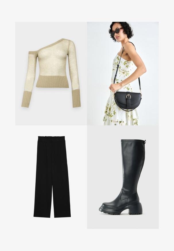 Beige avskjært genser med lange ribbermer. Teksturert strikket stoff, formtilpasset stil, fargegradient fra lys til mørk beige ved kanten.; Svarte vide bukser med rynket liv, med to sidelommer og et glatt, lett stoff. Ingen synlige mønstre eller metalldeler.; Høy svart lærstøvel med chunky plattformsåle og blokkhelt, med trekkstang og teksturert mønster på yttersålen.; Svart lærveske med en buet form, avtagbar stropp og gullbeslag. Vesken har et klaff med spenne-detall.