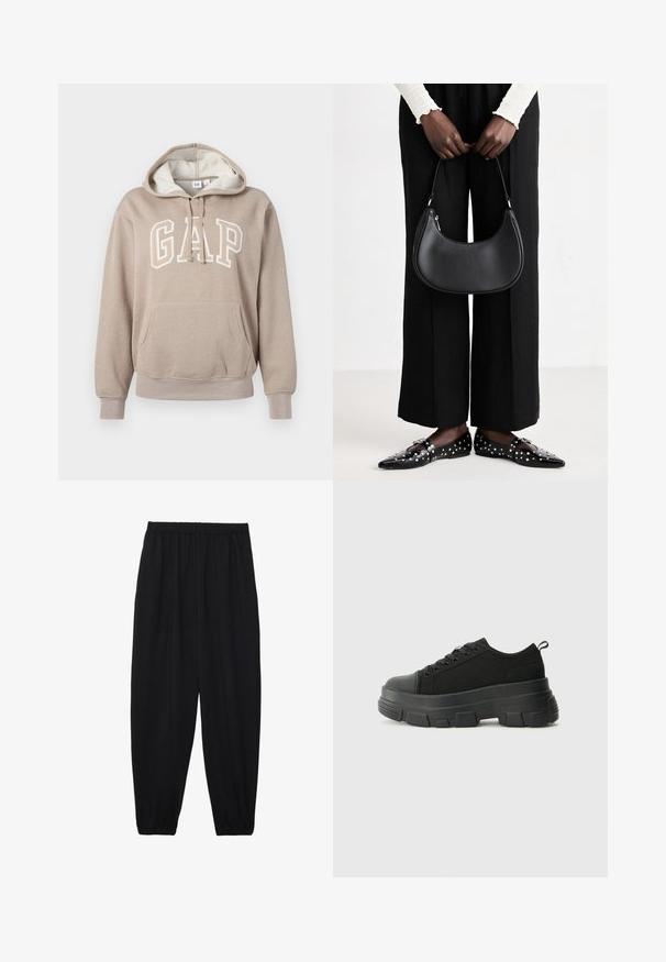 GAP HERITAGE - Sweatshirt - quail shine; Svarte, lette bukser med elastisk liv og rynkede ankler. Stoffet er glatt og har en avslappet, innsvingt design.; Svarte sneakers med en kraftig gummisåle, teksturert stoffoverdel, rund tå og snøring. Har forsterkede snørehull og bakre trekkstang.; Svart skinn skulderveske med en avrundet form, glanset overflate og sølvfargede detaljer. Person iført sorte vide bukser og naglede loafers.
