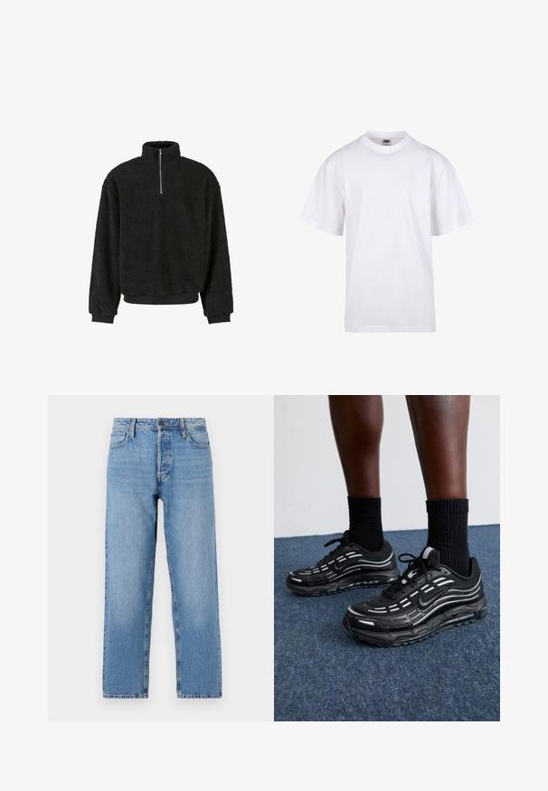 Sudadera de forro polar negro con cuello alto, cierre de media cremallera, tela texturizada y puños y dobladillo acanalados. Diseño cómodo y casual.; Camiseta blanca de algodón con cuello redondo, mangas cortas y un corte relajado. Presenta un diseño liso sin patrones ni detalles.; Jeans de denim azul claro con un diseño de pierna recta, que cuentan con un cierre de botón y cremallera, estilo de cinco bolsillos y un ligero desvanecimiento.; Las zapatillas Nike negras presentan una parte superior de malla con franjas de acento, cordones texturizados y una suela de goma negra. Se llevan con calcetines negros de canalé.