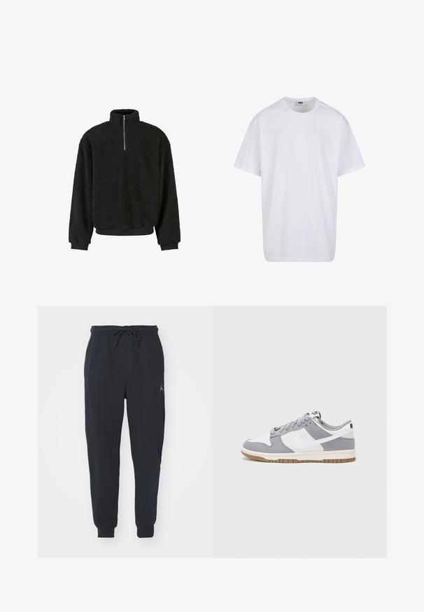 Black fleece pullover with high collar, half-zip closure, textured fabric, and ribbed cuffs and hem. Cozy and casual design.; White cotton t-shirt with short sleeves, rounded neckline, relaxed fit, and no visible logos or patterns. Smooth texture and minimal design.; Black jogger pants made of soft fabric, featuring an elastic waistband with a drawstring, ribbed cuffs, and a small logo on the left thigh.; Gray and white sneaker with a suede and leather upper, rounded toe, flat laces, and a rubber sole featuring a gum accent.