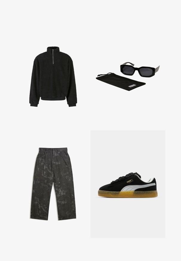 Schwarzer Fleece-Pullover mit hohem Kragen, halbem Reißverschluss, strukturiertem Stoff sowie gerippten Bündchen und Saum. Gemütliches und lässiges Design.; Dunkelgraue Jeanshose mit lockerer Passform, die dezente melierte Muster und metallische Details aufweist. Fünf-Taschen-Design.; Schwarze Leder-Sneaker mit weißem Seitenstreifen und goldenem Logo. Sie verfügen über eine Gummisohle mit strukturiertem Muster. Die Schnürsenkel sind schwarz und flach.; Schwarze Sonnenbrille mit eckigen, übergroßen Rahmen und dunklen Gläsern, begleitet von einem schwarzen Mikrofaserbeutel mit einem Logo.