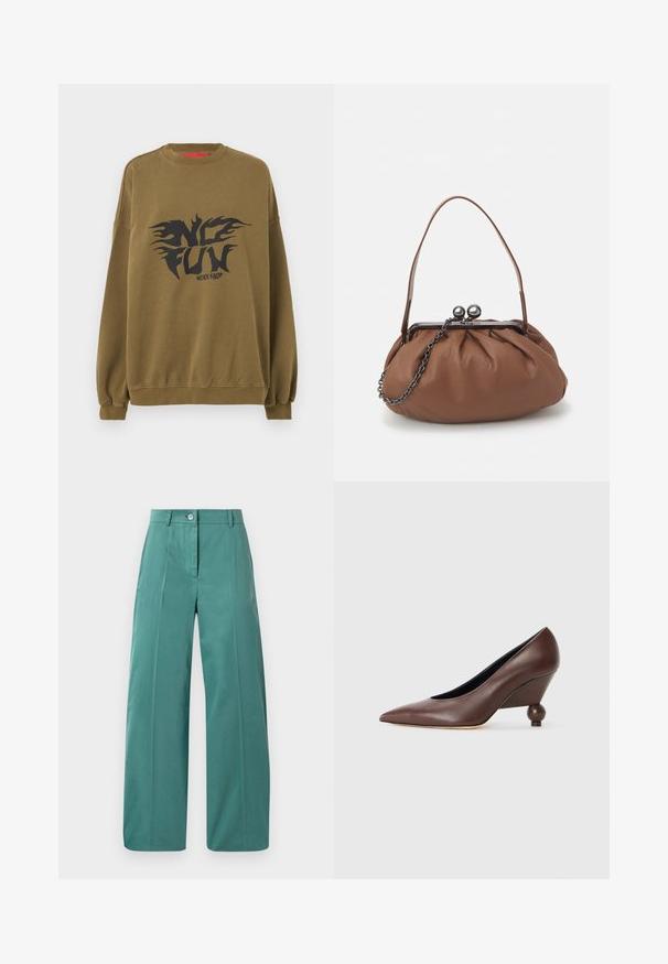 Olive green sweatshirt with a round neck, long sleeves, and ribbed cuffs. Features bold black graphic text and flame elements in the center.; Wide-leg trousers in a soft teal fabric, featuring a front button closure, sharp creases, and smooth texture. Tailored design with minimal accents.; Brown leather wedge pump with a pointed toe and a rounded, ball-shaped heel. Smooth texture with a simple design and minimal accents.; Brown leather handbag with a gathered design, a short leather handle, and a chain strap. Features a silver metal clasp with two round accents.