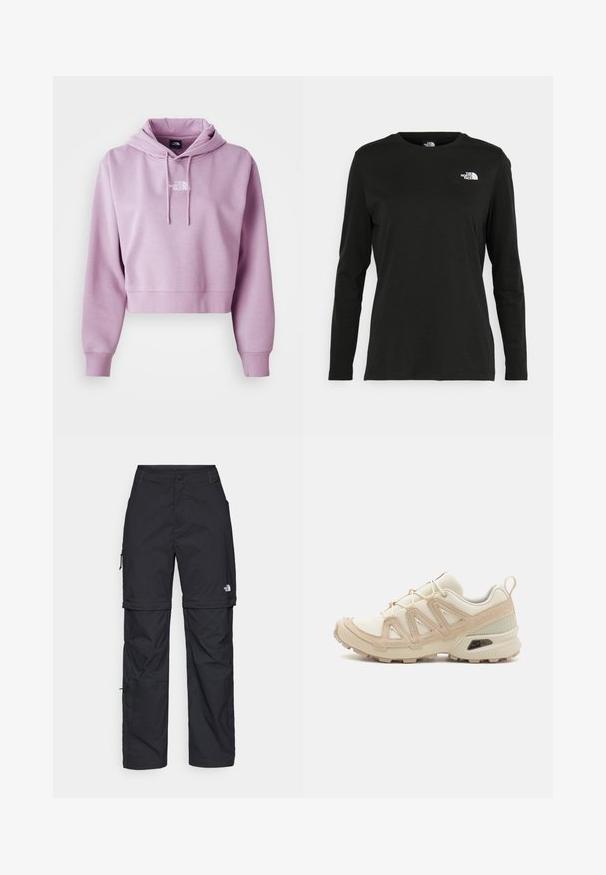 Kratki dukserica svijetlo ljubičaste boje, izrađena od mekane tkanine. Ima prednji dzep i podesive vezice, s bijelim logotipom na prsima.; Crni dugih rukava majica od pamuka s okruglim izrezom. Ima mali bijeli logo na lijevoj strani prsnog područja. Jednostavan dizajn i kroj.; Crne najlon hlače s munjevim zatvaranjem, odvojive cargo hlače s podesivim manžetama, brojnim džepovima i logom na desnoj nozi. Glatka, lagana tekstura.; Bež i kremasti sportski tenisice s teksturiranim mrežastim gornjim dijelom, potpornih preklopa i gumeni potplat s uzorcima za prianjanje.