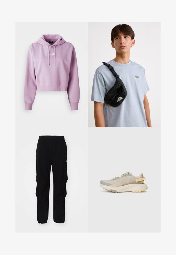 Cropped Hoodie in Helllila, aus weichem Stoff. Mit einer frontseitigen Tasche und verstellbaren Kordeln, sowie einem weißen Logo auf der Brust.; Schwarze Outdoor-Hosen aus langlebigem Material, mit lockerer Passform, elastischem Bund und verstellbaren Bündchen für variable Längen.; Hellbeige Laufschuh mit einem strukturierten Mesh-Obermaterial, grauen Akzenten, einer robusten Gummisohle und einer hinteren Schlaufe für einfaches Anziehen.; Schwarze Nylon-Crossbody-Tasche mit verstellbarem Riemen, die ein auffälliges weißes Logo trägt. Wird über einem hellblauen T-Shirt getragen. Schlichtes, funktionales Design.