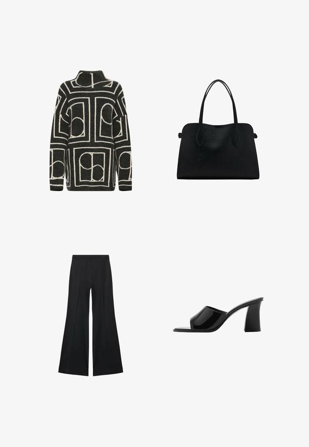 Pleteni pulover u tamnosivoj boji s oversized krojem, koji sadrži geometrijski krem uzorak kružnica i pravokutnika. Dizajn s visokim ovratnikom.; Crne široke hlače s glatkom teksturom, koje imaju prednje nabore i kroj po mjeri. Tkanina je lagana i lepršava.; Crne sandale s otvorenim prstima, s glatkom lakiranom završnom obradom, kvadratnim nosom i debljim potpeticama. Elegantna silueta i glatka tekstura.; Crna kožna torba s dvostrukim naramenicama, pravokutnog oblika i minimalističkim dizajnom na bijeloj pozadini.
