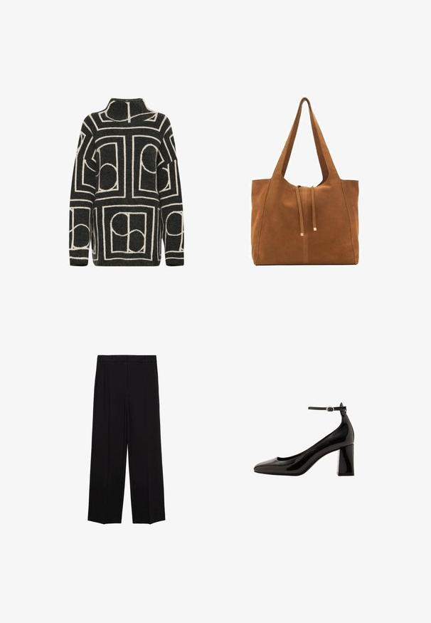 Trikratna pulover v temno sivi barvi z velikim krojem, ki ima geometrijski smetnjak v kremni barvi s krogi in pravokotniki. Zasnova z visokim ovratnikom.; Črne široke hlače iz gladkega materiala, z gubami spredaj in stranskimi žepi, zasnovane v ravnem, sproščenem kroju.; Črne lakaste čevlje z ankel trakom, sijajne površine, s koničastim nosom in debelim blok peto. Gladka tekstura, minimalni detajli.; Rjava semiš torba z dvema dolgima ročajema, z vrvico za zapiranje in minimalističnim dizajnom. Gladka tekstura in brez vidnih kovinskih dodatkov.