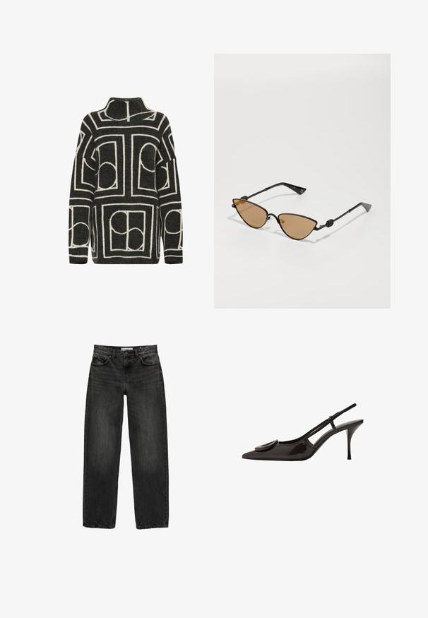 Dunkelgrauer Strickpullover mit übergroßer Passform, der ein geometrisches cremefarbenes Muster aus Kreisen und Rechtecken aufweist. Hoher Kragen.; Schwarze Jeans aus Denim mit lockerer Passform, geradem Bein, fünf Taschen-Design und einer leicht gewaschenen Textur. Knopf- und Reißverschluss vorne.; Schwarzer Lackleder-Slingback-Schuh mit spitzem Zehenbereich, minimalistischem Design, kleinem kreisförmigem Akzent auf dem Schuhoberteil und schlankem Absatz.; Schwarzmetallene Cat-Eye-Sonnenbrille mit braunen getönten Gläsern. Schlanke Bügel mit strukturiertem Detail und markanten Enden.; Braune Wildleder-Tasche mit Lederbesatz und einem dünnen Riemenverschluss, die eine weiche, breite und leicht kantige Form aufweist.