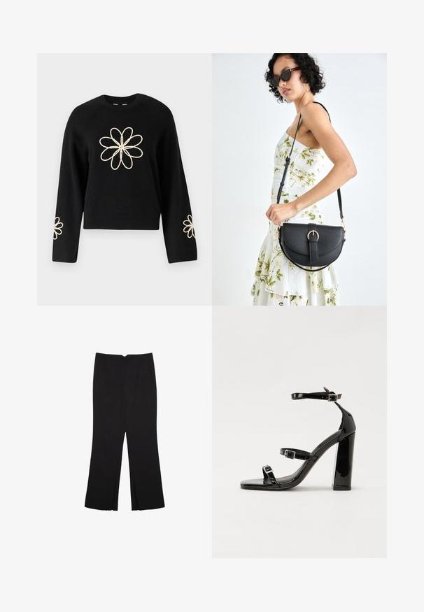 Schwarzer Pullover mit langen Ärmeln, der große cremefarbene Blumenstickereien auf der Brust und kleinere Blumen an jedem Ärmel aufweist. Weiche Textur.; Schwarze Hose mit geradem Schnitt, ausgestattet mit Fronttaschen und Seitenschlitzen am Saum. Hergestellt aus weichem, glattem Stoff. Geeignet für verschiedene Anlässe.; Schwarze patentierte Sandalen mit Absatz, quadratischer Spitze, Knöchelriemen und silbernen Schnallen. Mit einem stabilen Blockabsatz für mehr Stabilität.; Schwarze Lederhandtasche mit geschwungener Form, abnehmbarem Tragegurt und goldenen Beschlägen. Die Tasche verfügt über einen Deckel mit einer Schnallen-Details.