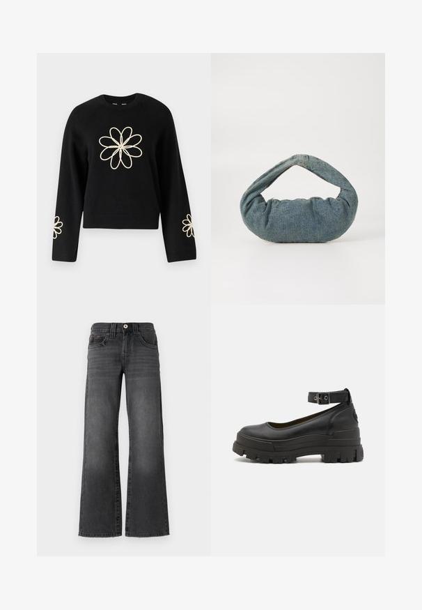 Czarny sweter z długimi rękawami, z dużym kremowym haftem kwiatu na klatce piersiowej oraz mniejszymi kwiatami na każdym rękawie. Miękka tekstura.; Spodnie dżinsowe o szerokich nogawkach w ciemnoszarym denimie. Posiadają pięć kieszeni, zapięcie na guzik oraz subtelne przetarcia na materiale. Klasyczne wykończenia szwów.; Buffalo ASPHA czarny; Niebieska torba dżinsowa o poduszkowym, zaokrąglonym kształcie i zakrzywionym uchwycie. Tekstura jest miękka, z wyraźnymi szwami i gładkim wykończeniem.