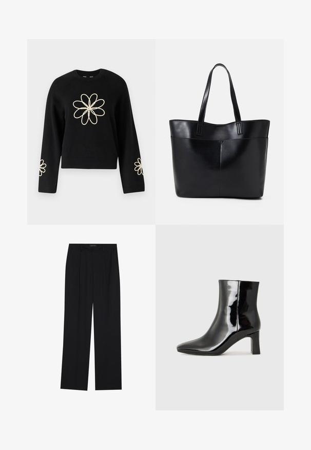 Melnā džemperis ar garām piedurknēm, ar lielu krēmkrāsas ziedu izšuvumu uz krūtīm un mazākiem ziediem uz katras piedurknes. Mīksta tekstūra.; Melni bikses ar taisnu kāju dizainu, kurām ir divi priekšējie kabatas un jostasvieta. Izgatavotas no gludas, vieglas auduma.; Melnas patentētas ādas potīšu zābaki ar norādītu pirkstu un vidēja augstuma kvadrātveida papēdi. Gluda tekstūra un minimālisma dizains.; Melnas ādas iepirkumu soma ar divām garām rokturām, gludu tekstūru un strukturētu formu. Iekļauj priekšējo kabatu papildu uzglabāšanai.