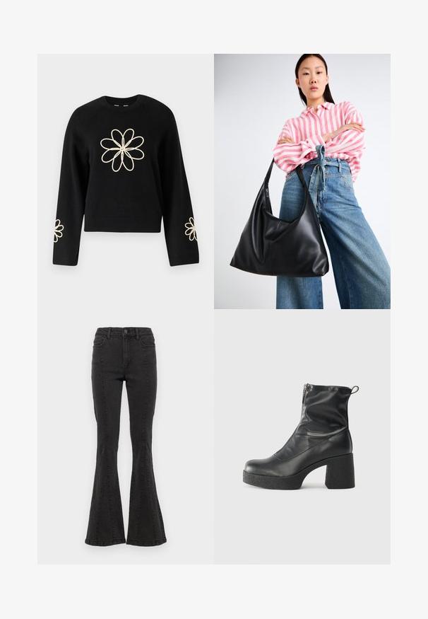 Pull noir à manches longues, équipé d'une grande broderie de fleurs crème sur la poitrine et de fleurs plus petites sur chaque manche. Texture douce.; Jeans en denim noir évasés à taille haute, avec des coutures latérales et une finition nette à l'ourlet. Le tissu a une texture lisse avec une légère élasticité.; Bottes noires à la cheville en cuir lisse, dotées d'une fermeture éclair sur le côté, d'un talon épais texturé et d'une conception à bout rond.; Sac à épaule en cuir noir avec une forme décontractée et des détails de couture. Le modèle porte une chemise rayée rose et blanche avec un jean bleu à jambes larges.