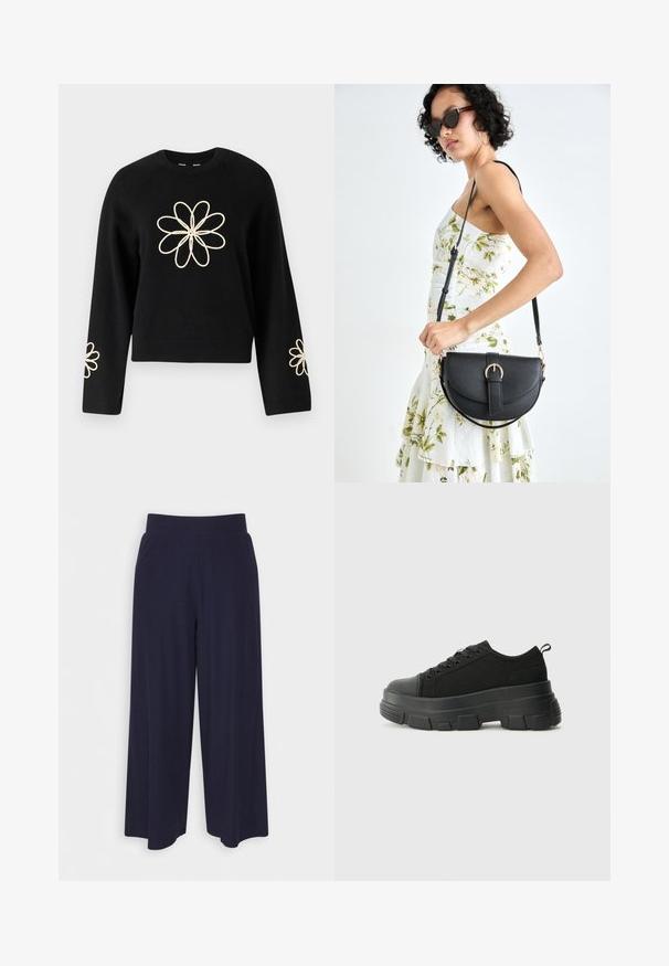 Zwarte trui met lange mouwen, voorzien van grote crèmekleurige bloemen borduursels op de borst en kleinere bloemen op elke mouw. Zachte textuur.; Wijd-uitlopende broek in donkerblauwe stof met een geribbeld patroon. Heeft een gladde tailleband en een vloeiende silhouet, die tot halverwege de kuiten reikt.; Zwarte sneakers met een stevige rubberen zool, textiel bovenwerk, ronde neus en vetersluiting. Beschikt over versterkte oogjes en een trekstrip aan de achterkant.; Zwarte leren handtas met een gebogen vorm, afneembare schouderband en gouden hardware. De tas heeft een klep met een gespsluiting.