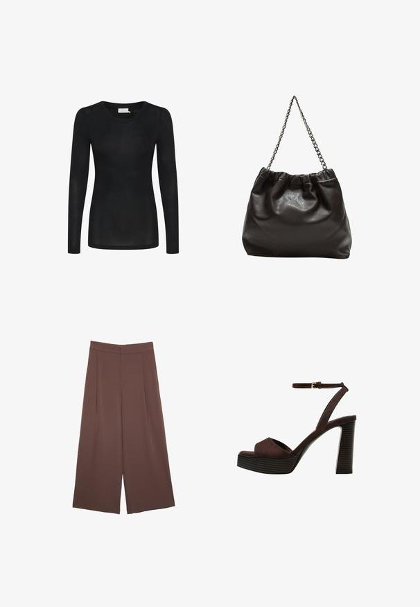 Maglietta nera a maniche lunghe realizzata in materiale leggero e trasparente. Presenta un collo tondo e una silhouette aderente con orlo dritto.; Pantaloni ampi marroni con una texture liscia, caratterizzati da una vita alta e pieghe frontali. Il tessuto è leggero e scorre liberamente.; Sandal in camoscio marrone con tacco alto, punta aperta, cinturino alla caviglia regolabile e suola a piattaforma striata.; Borsa in pelle marrone con parte superiore arricciata e tracolla a catena. Texture liscia con finitura lucida e dettagli di cucitura sottili sui lati.