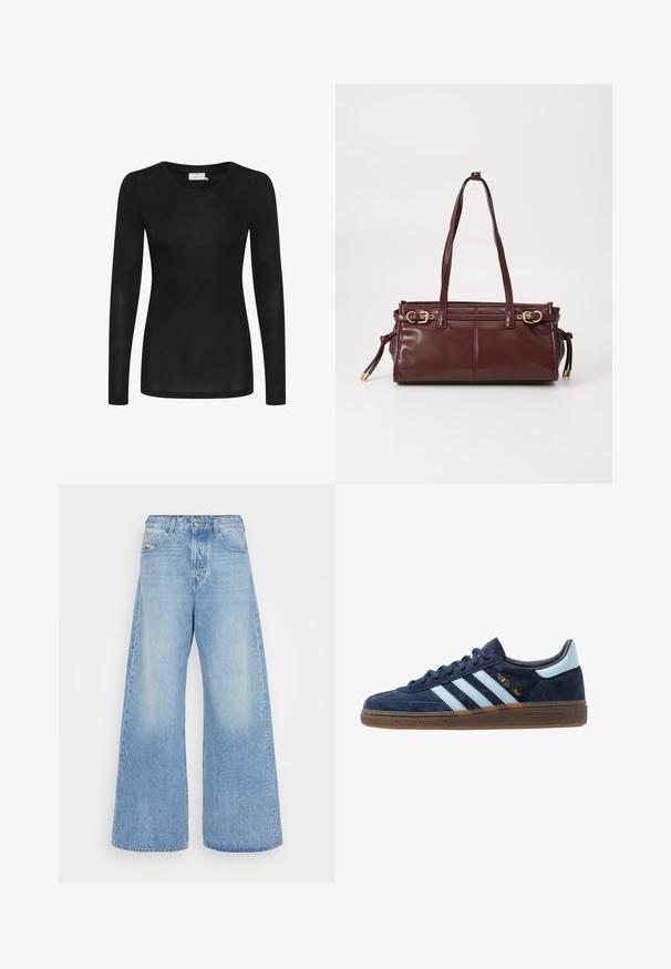 Black long-sleeve top made of lightweight, sheer material. Features a round neckline and a fitted silhouette with straight hem.; Light blue wide-leg jeans made of denim. Features a classic five-pocket design, button closure, and faded areas for a vintage look.; Navy blue suede Adidas sneaker with light blue stripes, gum sole, light blue heel tab, and gold "Spezial" branding on the side.; Burgundy leather handbag with two shoulder straps, gold-tone hardware, and a zip closure. Features a smooth texture and subtle stitching details.
