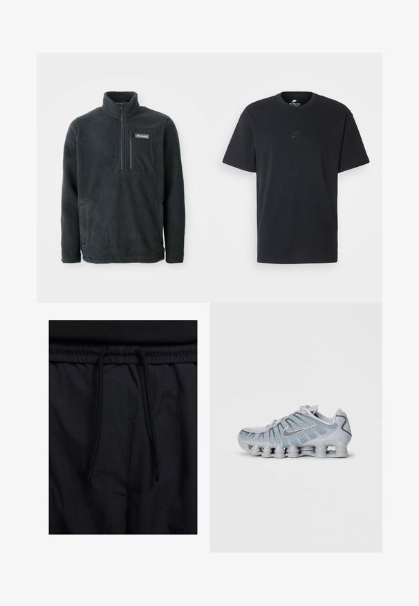Tmavošedý flísový pulóver s vysokým golierom, polovičným zipsom na prednej strane, zipsovou náprsní taškou a bočnými vreckami na ruky, vyrobený spoločnosťou Columbia.; Čierne bavlnené tričko Nike s klasickým okrúhlym výstrihom, krátkymi rukávmi a jemne embosovaným logom na hrudi. Hladká textúra.; Čierne šortky s pásom na stiahnutie, z ľahkej látky s hladkou textúrou a jednoduchým dizajnom bez viditeľných log alebo vzorov.; Svetlo šedé tenisky Nike s textúrovaným zvrškom, sieťovanými detailmi a unikátnou polstrovanou podrážkou so viacerými zaoblenými podložkami.