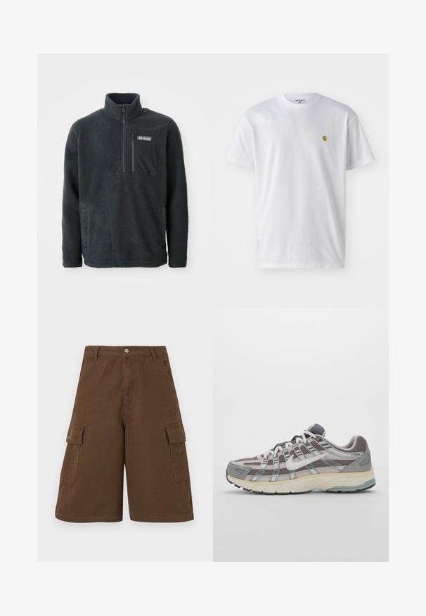 Tamsiai pilkas fliso megztinis su aukštu apykakle, pusiau užtrauktuku priekyje, užtrauktuku užsegama krūtinės kišene ir šoninėmis rankų kišenėmis, pagamintas Columbia.; Balta medvilnės marškinėliai su trumpomis rankovėmis, apvalia iškirpte, kuriuose kairėje krūtinės pusėje yra mažas auksinis logotipas. Minkšta tekstūra ir reguliari forma.; Rudi cargo šortai su tiesia iškirpte, dviem šoninėmis kišenėmis ir priekyje užsegimo mygtuku. Pagaminti iš tvirtos medvilnės audinio su matinio paviršiaus apdaila.; Pilkas sportinis batas su tinklu ir zomšos viršutine dalimi, baltomis detalėmis, paminkštintu padu ir išskirtiniu dizainu su atspindinčiais elementais.