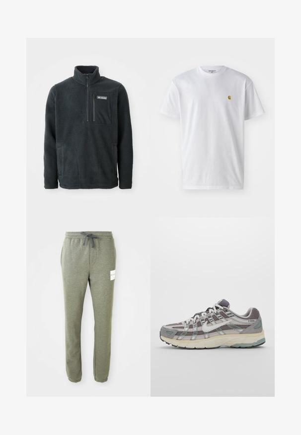 Pullover de fleece cinza escuro com colarinho alto, meia abertura com zíper à frente, bolso no peito com zíper e bolsos laterais para as mãos, feito pela Columbia.; T-shirt branca de algodão com mangas curtas, decote redondo, apresentando um pequeno logótipo dourado na área do peito esquerdo. Textura macia e ajuste regular.; Sweatpants cinzento heather, com cintura elástica, cordão, bolsos laterais, punhos nos tornozelos e um pequeno rótulo branco da marca na coxa direita.; Sapatilha atlética cinza com parte superior em malha e camurça, detalhes brancos, sola acolchoada e um design distinto com elementos refletivos.