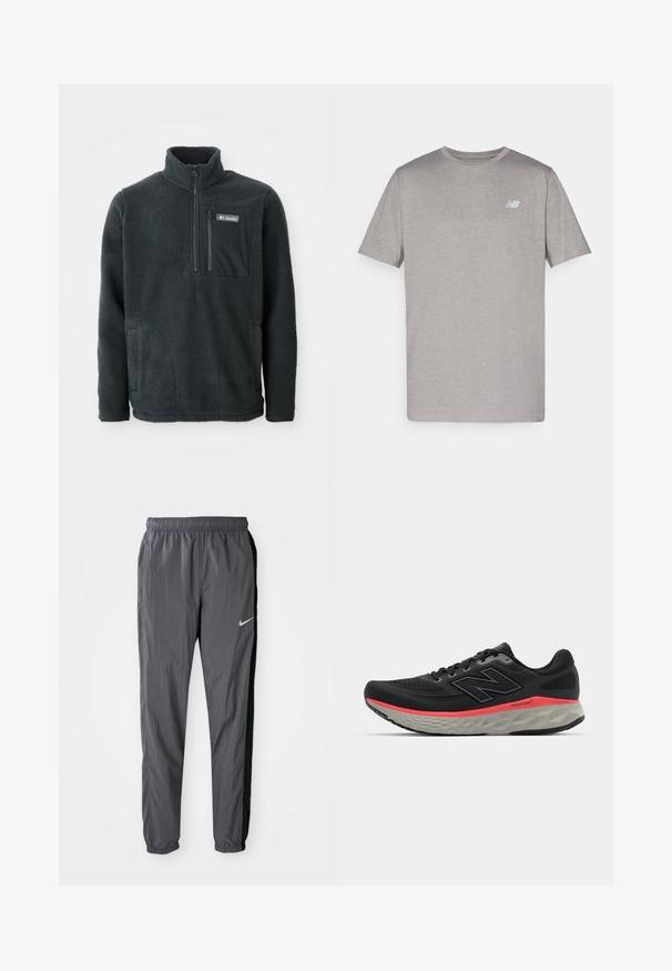 Pulover din fleece gri închis cu guler înalt, fermoar pe jumătate în față, buzunar pe piept cu fermoar și buzunare laterale pentru mâini, fabricat de Columbia.; Tricou gri cu mânecă scurtă, fabricat dintr-un material moale, având un logo subtil de culoare albastru deschis pe partea stângă a pieptului. Guler rotund, croială regulară.; Pantaloni de trening Nike, realizați dintr-un material ușor, de culoare gri închis, cu panouri laterale negre. Prezintă un elastic la talie și un logo reflectorizant.; Adidași negri de alergare cu partea superioară din plasă, accentuați de o bandă roz la mijlocul tălpii și o talpă exterioară gri. Prezintă detalii texturate și un design de talpă flexibil.