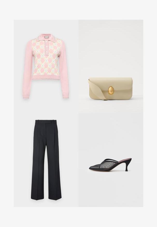 Paul & Joe Strickpullover - rose; Dunkelblaue Nadelstreifenhosen mit hoher Taille, weit geschnittenem Bein und ohne sichtbare Beschläge oder Verzierungen. Glatte Textur und taillierte Passform.; Schwarzes Netz-Mule mit spitzem Zehenbereich, dünnen Riemen und 7,5 cm hochhackigem Stiletto-Absatz. Verfügt über eine durchsichtige Textur und eine einfarbige Sohle.; Beige Lederhandtasche mit glatter Textur, rechteckiger Form und einem goldenen ovalen Verschluss. Verfügt über einen langen, verstellbaren Trageriemen.