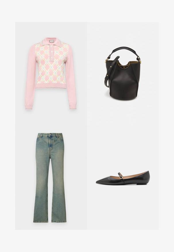 Paul & Joe Strickpullover - rose; Hellblaue Denim-Flared-Jeans mit hoher Taille, fünf Taschen und Reißverschluss. Sauberer, ausgewaschener Look mit dezenten Nähten.; Schwarze Leder-Ballerinas mit spitzer Zehe und einem Seitenriemen, der mit einem runden goldenen Akzent verziert ist. Leichtgewichtig mit einer flachen Sohle.; Schwarze Leder-Eimerhandtasche mit strukturierter Oberfläche, goldenen Hardware-Akzenten und offenem Design. Verfügt über einen kurzen Griff und einen verstellbaren Schultergurt.