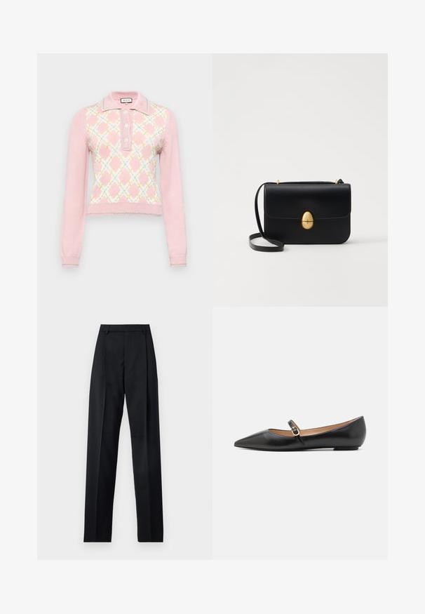 Paul & Joe Strickpullover - rose; Schwarze Hosen aus glattem Stoff mit hoher Taille, weitem Bein, vorderen Falten und klassischen Gürtelschlaufen. Keine sichtbaren Seitentaschen.; Schwarze Leder-Ballerinas mit spitzer Zehe und einem Seitenriemen, der mit einem runden goldenen Akzent verziert ist. Leichtgewichtig mit einer flachen Sohle.; Schwarze Lederhandtasche mit strukturierter rechteckiger Form. Verfügt über einen goldenen ovalen Verschluss und einen dünnen Schulterriemen. Glatte Textur.