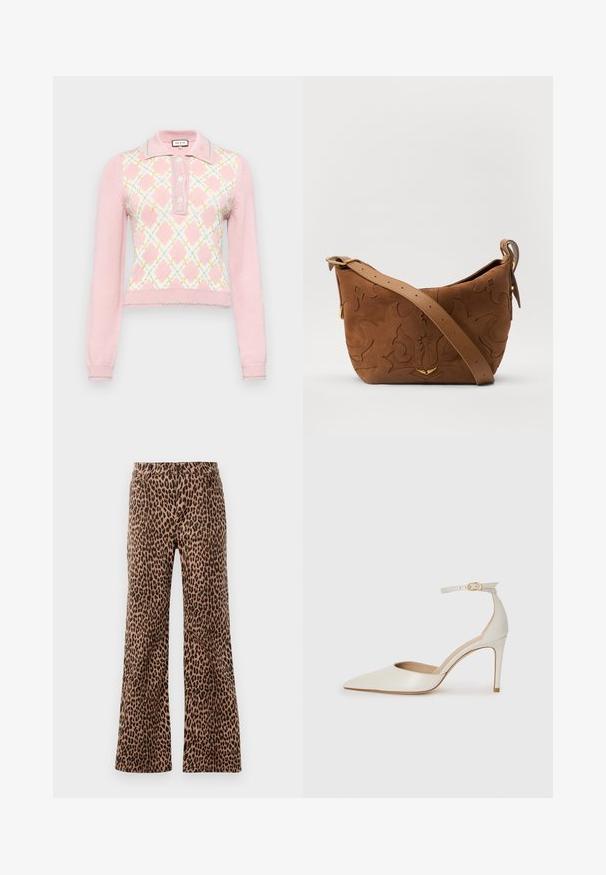 Paul & Joe Maglione - rose; Pantaloni a gamba larga con stampa leopardata in beige e nero, caratterizzati da una texture liscia e un orlo sfiancato. Design con vita standard e tasche.; Scarpa col tacco alto in pelle bianca con punta affusolata, cinturino alla caviglia e tacco a stiletto sottile. Texture liscia con una finitura leggermente lucida.; Borsa a spalla in suede marrone con design floreale impresso, completata da una morbida tracolla in pelle marrone e dettagli in metallo dorato.