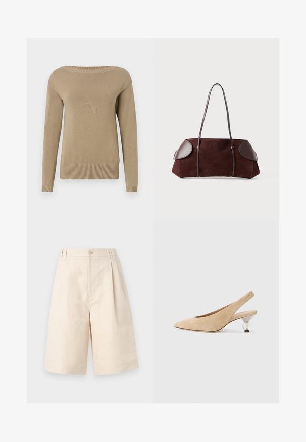Beige gestrickter Pullover mit weiter Ausschnittlinie, langen Ärmeln und gerippten Bündchen und Saum. Glatte Textur und gleichmäßige Nähte überall.; Beige Leinen-Shorts mit lockerer Passform, ausgestattet mit einem Knopfverschluss, gefaltetem Design und knielangem Schnitt. Glatte Textur und schlichter Stil.; Beige Wildleder Slingback-Schuh mit einer spitzen Zehenpartie und einem transparenten, runden Absatz. Glatte Textur und minimalistisches Design.; Braune Wildledertasche mit Lederakzenten, strukturiertem Design, doppelten Schulterriemen und abgerundeten Kanten, ausgestattet mit einer glatten Textur und minimalem Hardware.