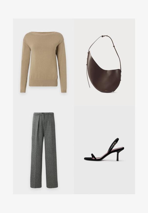Beige knitted sweater with a wide neckline, long sleeves, and ribbed cuffs and hem. Smooth texture and even stitching throughout.; Gray high-waist wide-leg trousers with front pleats, a button closure, and a textured fabric finish.; Black suede women's high-heeled sandal with slim straps and a gold buckle on a white background, side view.; Brown leather handbag with a curved shape, single strap, and minimalistic design. Features a subtle logo and gold hardware accents.