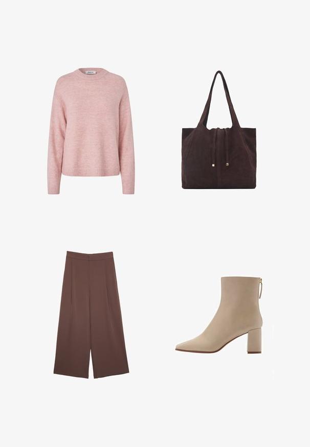Maglione a maglia rosa chiaro con scollo rotondo, polsini e orlo a coste. Texture morbida con un aspetto leggermente peloso e vestibilità ampia.; Pantaloni ampi marroni con una texture liscia, caratterizzati da una vita alta e pieghe frontali. Il tessuto è leggero e scorre liberamente.; Stivale in pelle beige alla caviglia con punta appuntita, texture liscia e tacco a blocco di media altezza. Caratterizzato da una cerniera laterale e un design minimalista.; Mango Shopping bag - dark brown