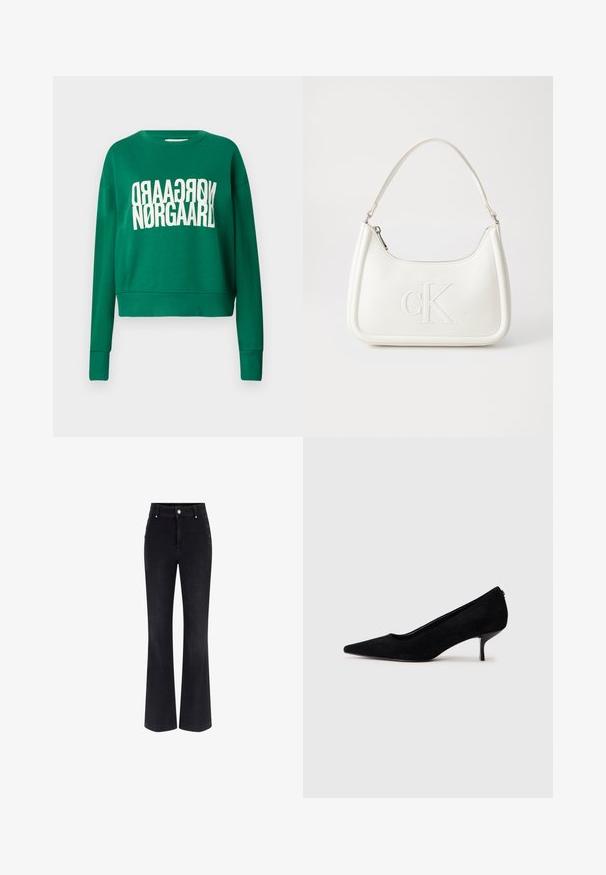 Zaļš īss krekls no mīksta auduma ar baltu, vertikālu uzrakstu "Nørgaard" priekšpusē. Garas piedurknes ar ribotiem šuvēm.; Melni džinsi ar izflarētiem pēdējiem, augstu jostasvietu, piecu kabatu dizainu un metāla pogu akcentiem sānos. Gluda tekstūra un klasika fit.; Melnas zamšādas augstpapēžu kurpes ar vienu punktētu purngalu un šauru, zemu papēdi. Gluda tekstūra ar elegantu dizainu, bez redzamiem aksesuāriem.; Balta ādas rokassoma ar noapaļotu formu, uz kuras priekšpuses ir izgriezts "CK" logo un viena plecu siksna. Augšā aizverama ar rāvējslēdzēju.