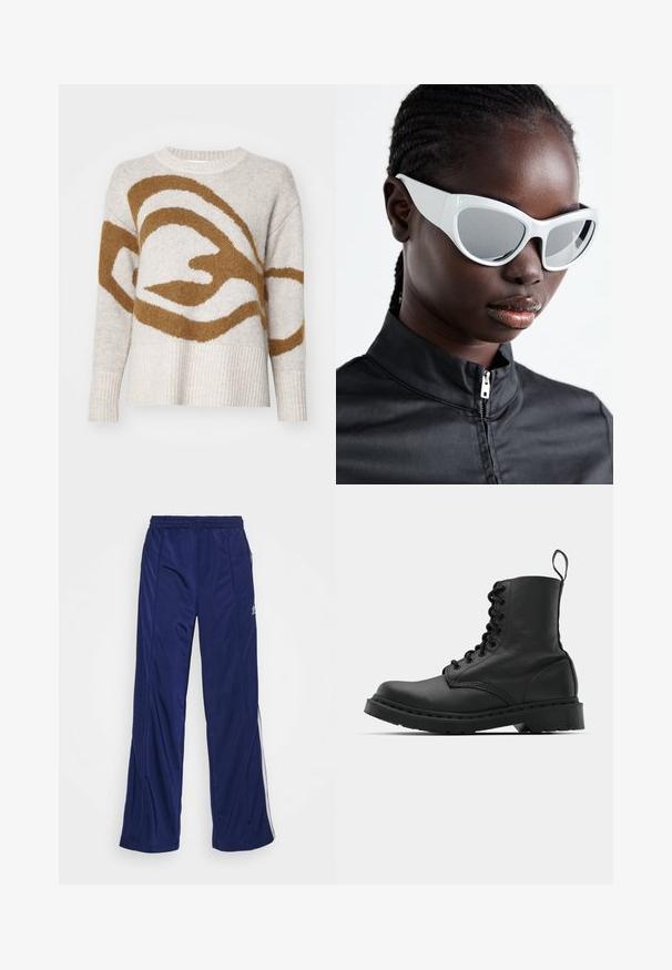 Bežna pletena pulover s rjavim abstraktnim vzorcem. Z ribanim robom in manšeti. Narejena iz mehke, teksturirane preje. Zasnova s krošnjastim ovratnikom.; Mornarske športne hlače z elastičnim pasom, ravnimi nogami in stranskimi zadrgami. Imajo bele obrobe vzdolž strani. Gladka tekstura tkanine.; Črne usnjene vojaške škornje s okroglo konico, z vezalkami spredaj in z zanko na gležnju. Imajo debele gumijaste podplate za dolgo življenjsko dobo.; Bele sončna očala z drznim, prenapolnjenim dizajnom in ogledalnimi lečami, ki imajo gladke plastične okvirje in poudarjene krivulje.; Srebrni obročasti uhani s poliranim finišom, ki se ponašajo s krožno zasnovo in brezšivnimi tečaji ter gladko teksturo.