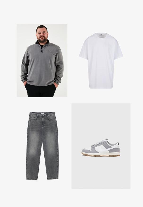 Grauer Fleece-Pullover mit einem halben Reißverschluss, ausgestattet mit einem schwarzen Kragen und kleinem Logo auf der Brust. Weicher Textil und lockere Passform.; Weiße Baumwoll-T-Shirt mit kurzen Ärmeln, rundem Ausschnitt, lockerer Passform und ohne sichtbare Logos oder Muster. Glatte Textur und minimalistisches Design.; Hoch taillierte, locker sitzende Jeans aus verwaschenem schwarzem Denim. Verfügt über fünf Taschen, Gürtelschlaufen und ein sauberes, gerades Bein-Design.; Graue und weiße Sneaker mit einem Obermaterial aus Wildleder und Leder, abgerundeter Spitze, flachen Schnürsenkeln und einer Gummisohle mit einem Kautschukakzent.