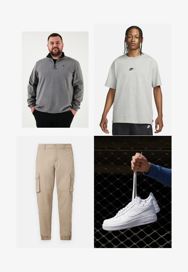 Harmaa fleecetakki puolivillalla, jossa on musta kaulus ja pieni logo rinnassa. Pehmeä pinta ja rento istuvuus.; Nuori henkilö, jolla on letitetyt hiukset, pukeutuneena vaaleanharmaaseen Nike T-paitaan ja mustiin Nike-shorteihin valkoista taustaa vasten.; Beige cargo-housut kevyestä puuvillamateriaaliesta. Omistaa elastiset hihnat, useita sivutaskuja ja nappisuljin.; Valkoiset nahkasneakersit, joissa on rei'ityksiä, pyöreä kärki, tasapohja ja paksut nauhat, joissa on näkyvä swoosh-logo ja "AIR" kantapäässä.