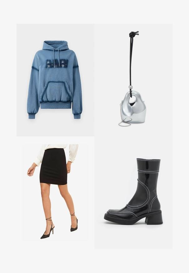 Hanorac albastru dintr-un material moale, cu o buzunar frontal, glugă cu șnur, manșete fixate și litere uzate. Croială lejeră cu tiv elastic.; Fustă mini neagră, ajustată, dintr-un material neted, cu talie medie, purtată împreună cu pantofi cu toc înalt, vârful ascuțit, negri, cu bretele pentru gleznă.; Cizmă ankle din piele patent neagră cu cusături albe, vârf rotund și toc pătrat. Prezintă linii de design curbe și o textură netedă.; Geantă metalică argintie cu o formă unică, netedă și organică. Dispune de o curea din sfoară neagră și un mic lanț pentru opțiuni de purtare versatilă.