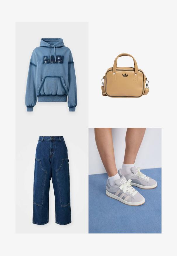 Modrá mikina s kapucňou z mäkkého materiálu, s prednou kapsou, šnúrkou na kapucni, rebrovanými manžetami a poškodeným nápisom. Voľný strih s elastickým lemom.; Tmavé denim široké nohavice s vysokým pásom, ktoré majú veľké predné vrecká a kontrastné šitie. Tkanina má jemnú textúru.; Sivé semišové tenisky s bielymi šnúrkami a gumovou podrážkou, s tromi diagonálnymi pruhmi na boku a logom na jazyku.; Hnedá vegánska kožená taška s dvoma uchami, odnímateľným ramenným popruhom, čiernym dekoratívnym prešívaním a malým čiernym logom na prednej strane.