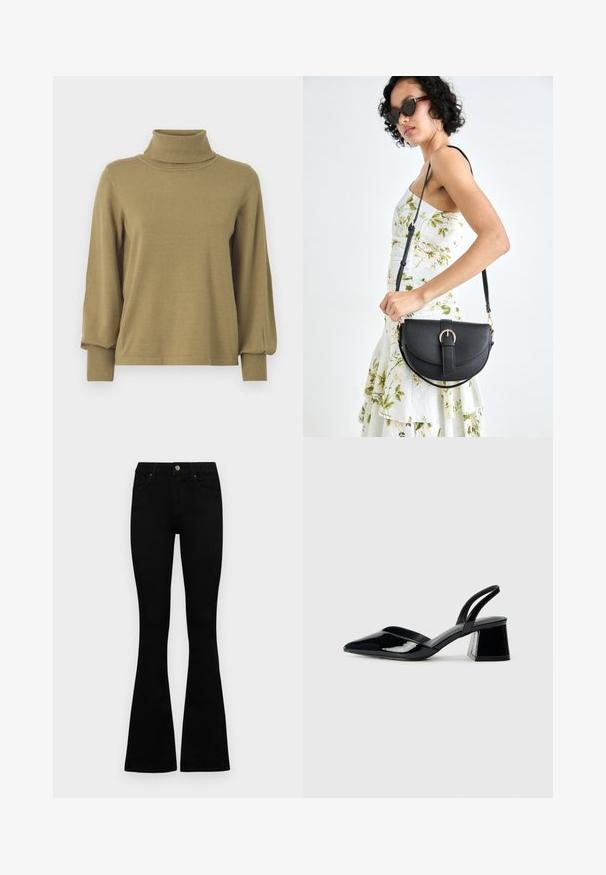 VILA VIAMANDA TURTLE NECK - Pulóver - gothic olive; Fekete, magas derekú farmernadrág gomb- és cipzárzárral, elülső zsebekkel és harangszárral, laposan egy fehér háttérre terítve.; Fekete lakk bőr szandálkés magas sarkú cipő, hegyes orral és geometrikus tömbsarkakkal. Karcsú, minimalista dizájn és sima textúra jellemzi.; Fekete bőrtáska ívelt formával, levehető pánttal és arany színű fémrészekkel. A táskán egy csattal díszített fedél található.