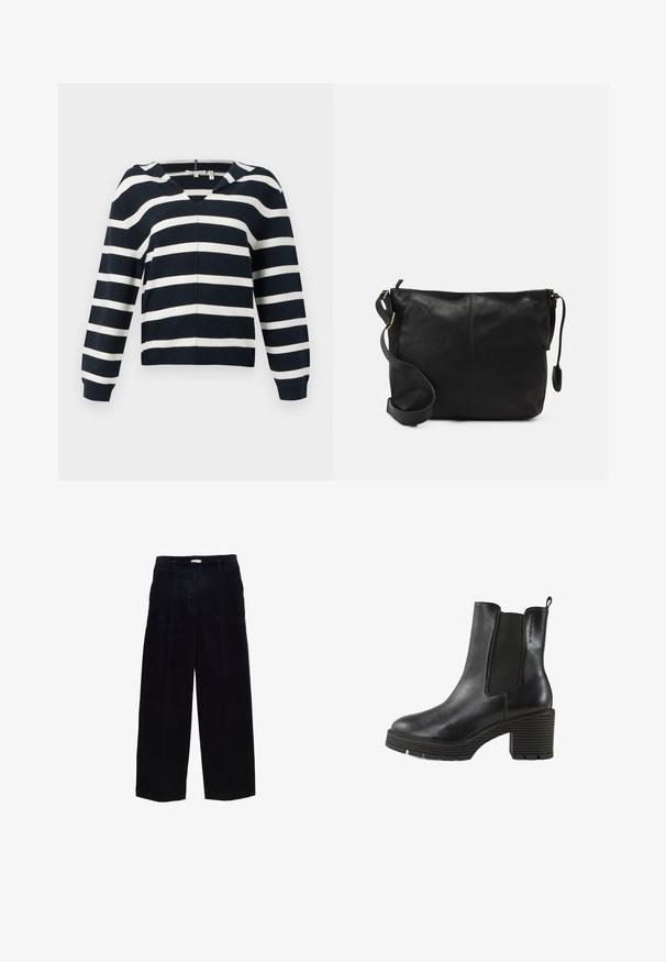 Tengerészeti és fehér csíkos pulóver, V-nyakú dizájnnal, hosszú ujjakkal, puha anyagból készült, enyhén laza szabással és bordázott mandzsettával.; Sötétkék kordbársony széles szárú nadrág, egyenes fazonnal, elülső részekkel és finom textúrával. Övhurkokkal és fémezett cipzárral rendelkezik.; Fekete bőr bokacsizma elasztikus oldalakkal, vastag bordázott sarkú, és húzófüllel. Kerek orrú és jellegzetes bordázott talpú.; Fekete bőr keresztpántos táska lapos formával, arany fémrészekkel és állítható pánttal. Simább textúra minimális varrási részletekkel.