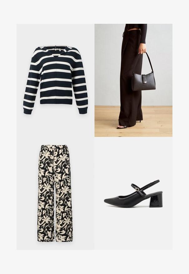 Maglione a righe navy e bianche, design a collo a V, maniche lunghe, realizzato in materiale morbido, con una vestibilità leggermente rilassata e polsini a coste.; Pantaloni larghi neri con un motivo floreale crema. Realizzati in tessuto leggero, con una texture liscia e una vita alta.; Décolleté in vernice nera con cinturino dietro, punta affusolata, design con ritagli arrotondati e tacco a blocco. Presenta un accento di fibbia tono oro.; Borsa nera con forma strutturata, texture liscia e una chiusura metallica. Abbinata a pantaloni neri larghi e sandali open-toe su un pavimento in legno.