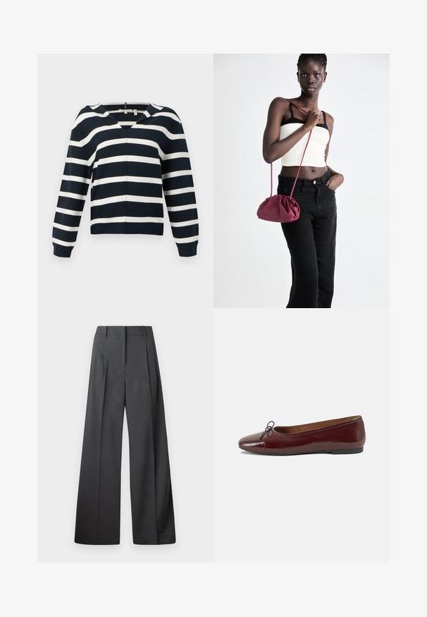 Tengerészeti és fehér csíkos pulóver, V-nyakú dizájnnal, hosszú ujjakkal, puha anyagból készült, enyhén laza szabással és bordázott mandzsettával.; Széles szárú nadrág sötétszürke anyagból, magas derekú, egyes redőkkel, sima textúrával és tiszta befejezéssel a szegélyeken.; Burgundi lakkbőr balettcipő kerek orral, elöl kis masni díszítéssel és alacsony, fekete gumi talppal. Simára csiszolt felület.; Burgundy puha anyagú kézitáska, ráncolt dizájnnal és hosszú pánttal, keresztben hordva. A modellen fehér rövid top és fekete farmer van.