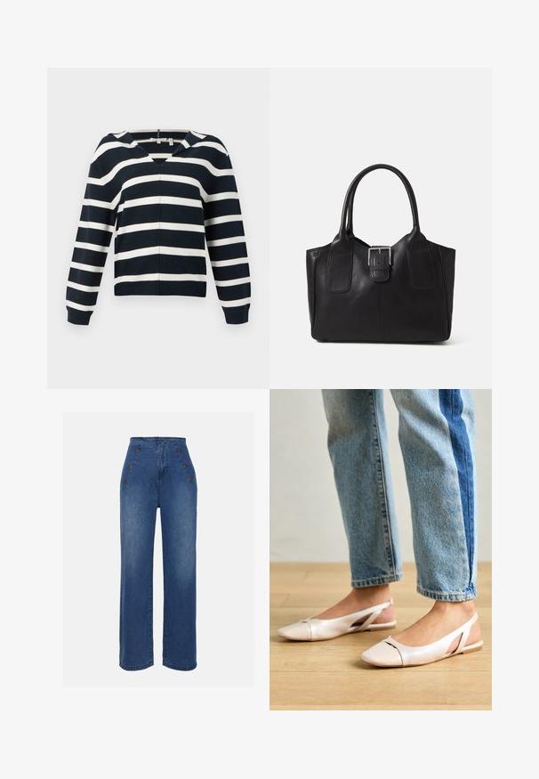 Sweater listrado em azul-marinho e branco, com decote em v, mangas longas, feito de material suave, apresentando um corte ligeiramente relaxado e punhos canelados.; Calças de ganga de cintura alta em azul médio. Apresentam detalhes com botões na frente e um design de perna larga. O tecido tem uma textura suave com um ligeiro desbotamento.; Sapatilhas slingback de cor rosa pálido com bico fino, feitas de um material semelhante a couro liso. Apresentam detalhes recortados nas laterais e um salto plano.; Bolsa tote de couro preta com textura suave, forma estruturada, duas alças e um destaque prateado proeminente na parte da frente.