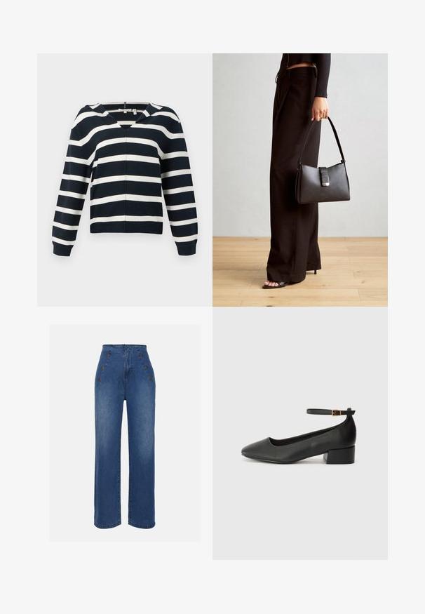 Námořnická a bílá pruhovaná svetr, design s výstřihem do V, dlouhé rukávy, vyrobený z měkkého materiálu, s mírně uvolněným střihem a žebrovanými manžetami.; Džínové kalhoty s vysokým pasem v středně modré barvě. Obsahují dekorativní přední knoflíky a široké nohavice. Materiál má hladkou texturu s mírným vyblednutím.; Černé kožené lodičky s špičatou špičkou a nízkým blokovým podpatkem. Obsahují pásek kolem kotníku se zlatou sponou. Hladký povrch.; Černá kabelka se strukturovaným tvarem, hladkým povrchem a kovovým uzávěrem. Kombinována s širokými černými kalhotami a sandály s otevřenou špičkou na dřevěné podlaze.