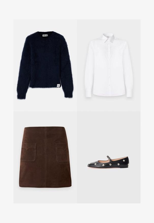 Tumedat sinine kampsun, millel on pehme tekstuur, ümar kaelus ja pikad varrukad. Alumises vasakus nurgas on silt.; Valge pikakäigeline särk, mis on valmistatud siledast kangast, millel on krae ning ees on väikeste roosade nuppudega nööpidega kinnitamine.; Pruun seemisabal, millel on klassikaline A-linja kuju, kaks eesmist taskut ümarate klappidega ja peened tikandi detailid.; Must naar mustast valmistatud Mary Jane lamedad jalanõud, ümarate varvastega, hõbedaste ümmarguste nupukestega ja reguleeritava rihmaga, millel on klamber.