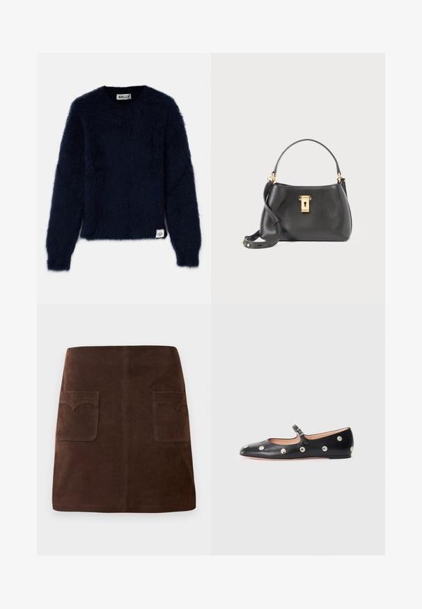 Marineblauer Pullover mit flauschiger Textur, rundem Ausschnitt und langen Ärmeln. Verfügt über ein Etikett in der unteren linken Ecke.; Brauer Wildlederrock im klassischen A-Linien-Schnitt, mit zwei vorderen Taschen mit abgerundeten Klappen und dezenten Nähten.; Schwarze Leder-Mary-Jane-Ballenflats mit runder Zehenform, ausgestattet mit silbernen runden Nieten und einem verstellbaren Riemen mit Schnalle.; Schwarze Lederhandtasche mit strukturiertem Finish, mit einem goldenen Schlossverschluss, kurzen Tragriemen und einem abnehmbaren Schulterriemen.