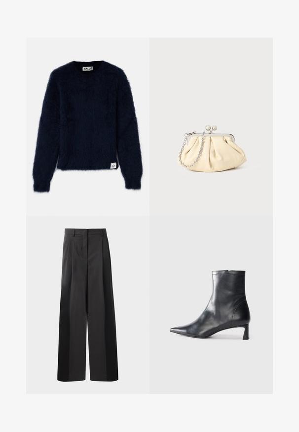Sweater azul marinho com uma textura macia, gola redonda e mangas longas. Apresenta um rótulo no canto inferior esquerdo.; Calças largas pretas com cintura alta, apresentando pregas frontais, uma textura suave e um acabamento cuidado. Desenvolvidas para um ajuste relaxado.; Bota de tornozelo em pele preta com biqueira apontada e um design elegante. Apresenta um salto baixo e um fecho com zipper na parte de trás. Textura suave.; Clutch de couro bege plissado com uma estrutura de metal prateado, apresentando dois fechos decorativos redondos e uma alça de corrente prateada.