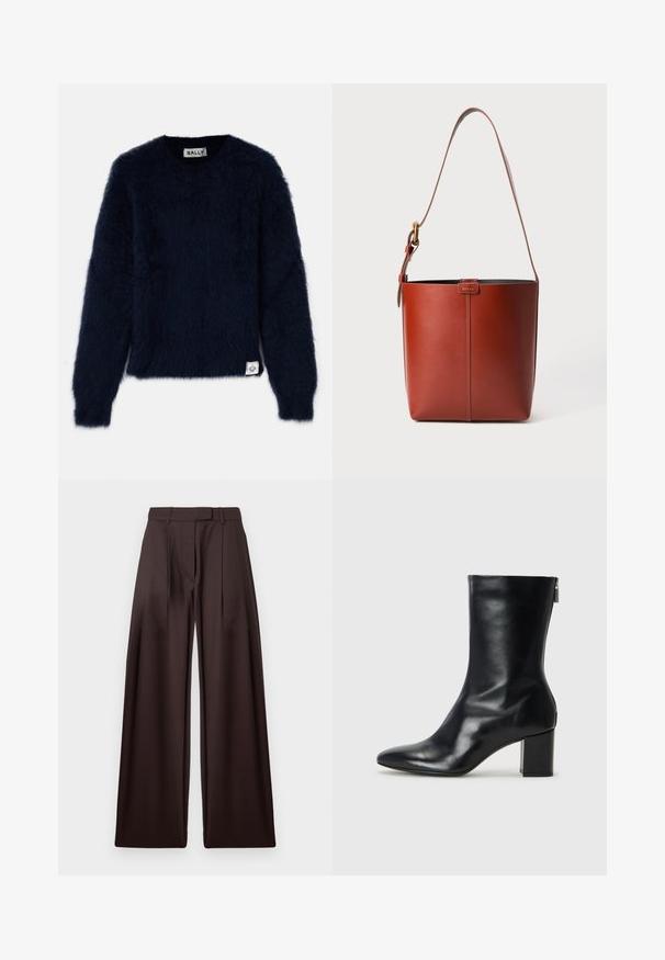 Mornarsko plava majica s pufastom teksturom, okruglim izrezom i dugim rukavima. Na donjem lijevom kutu nalazi se etiketa.; Smeđe široke hlače s visokim strukom, s dva prednja nabora i glatkom teksturom. Tkanina izgleda lagano i formalno.; Crne kožne gležnjače s oštrim vrhom i blok petom visokom 4 cm. Elegantni dizajn s bočnim patentnim zatvaračem za jednostavno obuvanje. Glatka tekstura.; Smeđa kožna torba u obliku kante s podesivim remenom za rame i zlatnim kopčanjem, jednostavna vertikalna šavova na prednjoj strani.