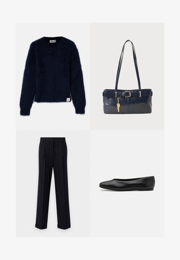 Námořnický modrý svetr s nadýchanou texturou, kulatým výstřihem a dlouhými rukávy. Ve spodním levém rohu se nachází štítek.; Černé pruhované kalhoty s úzkým střihem, se zúženým lemem a předními sklady. Vyrobené z hladkého materiálu se strukturovaným designem.; Paul Smith TOPANGA - Klasické baleríny - black; Námořnická kožená kabelka s dvěma dlouhými uchy, detaily s přezkou a připevněným klíčenkou. Vyznačuje se hladkým povrchem a obdélníkovým tvarem.