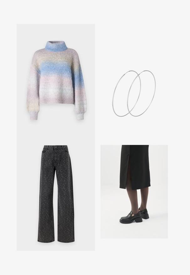 Maglione lavorato a maglia dai colori pastello con collo alto, caratterizzato da una consistenza morbida e una vestibilità ampia. Motivo a gradient in tonalità di blu, rosa e crema.; Noisy May NMJANNEL LOOSE - Jeans baggy - black denim; Scarpe in pelle nera con punta arrotondata, tacco spesso a blocco e accenti laterali in elastico, abbinate a collant scuri e una gonna nera con uno spacco.; Orecchini a cerchio in argento con un design minimalista. Forma circolare, superficie liscia e profilo sottile. Leggeri con una finitura lucida.