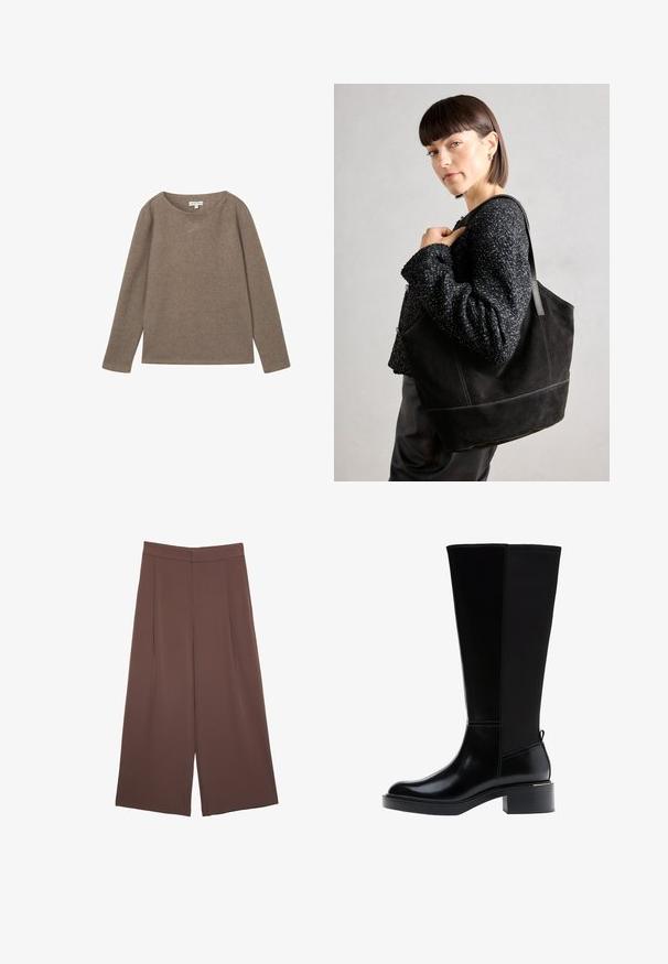 TOM TAILOR GERIPPTES - Neule - cashew beige melange; Ruskeat leveälahkeiset housut, joissa on sileä pinta, korkea vyötärö ja etupleat. Kangas on kevyttä ja laskeutuu väljänä.; Musta polven korkeudelle ulottuva saapas, jossa on sileä nahkapinta, näkyvät saumat, mahtava korko ja teksturoitu takapaneeli lisäyksinä.; Musta mokkanahkainen laukku, jossa on sileä pinta, jämäkkä muoto ja kontrastivärinen ommel. Varustettu pitkillä hihnoilla olalla kantamista varten.